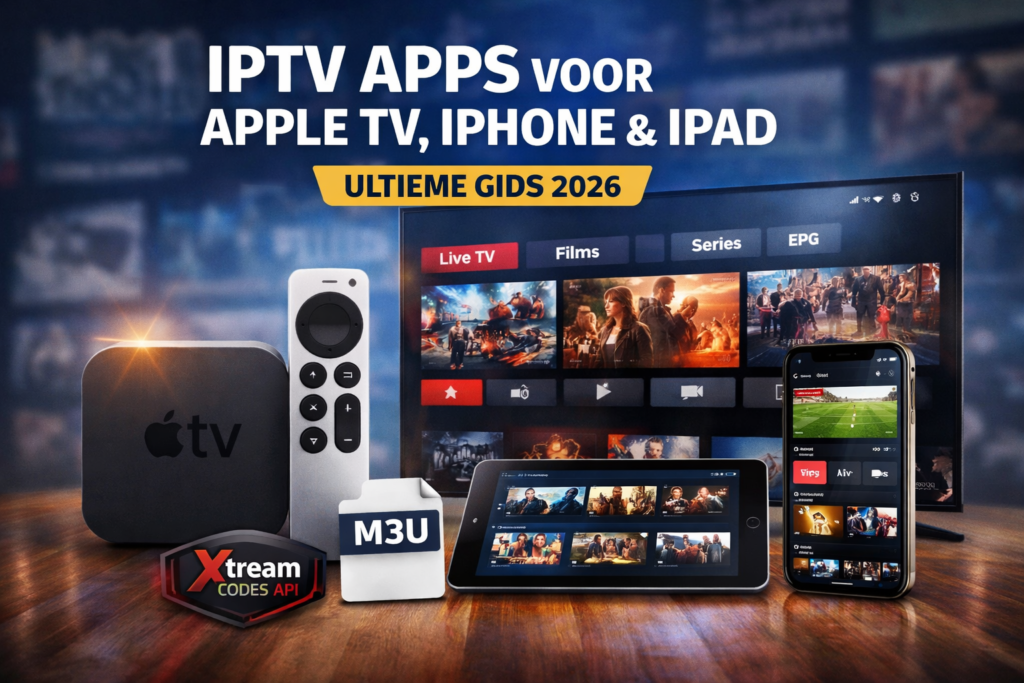 Apple TV, iPhone, iPad and Mac showing IPTV apps with a user selecting an IPTV player.