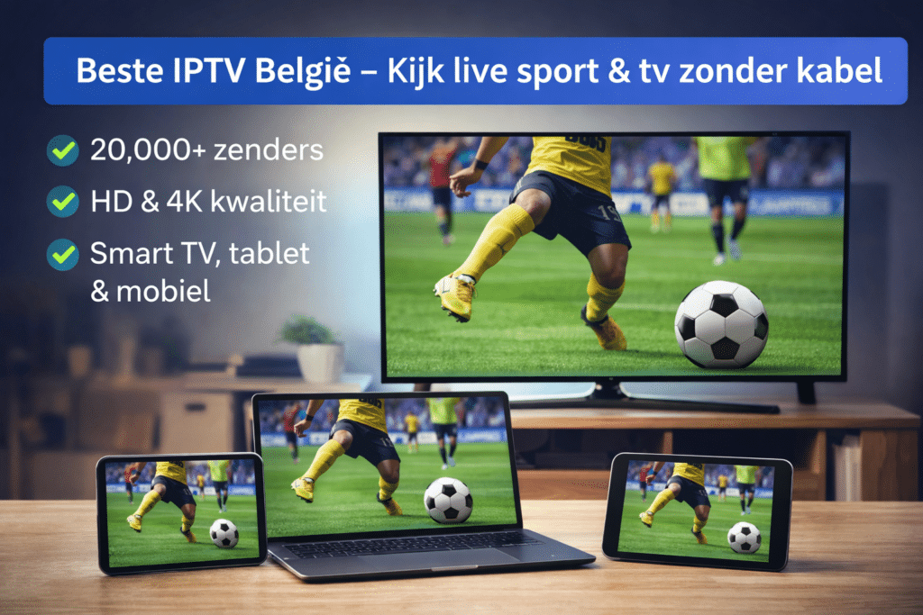 Beste IPTV België 2026 - kijk VTM, Play4, Jupiler Pro League op Smart TV, laptop, tablet en smartphone in HD en 4K zonder Telenet decoder