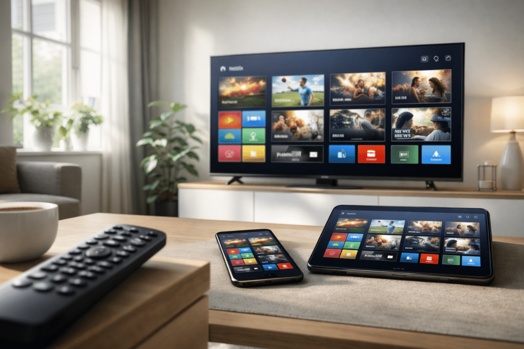 Beste IPTV spelers voor Smart TV in 2026 op moderne televisie met IPTV interface en meerdere apparaten