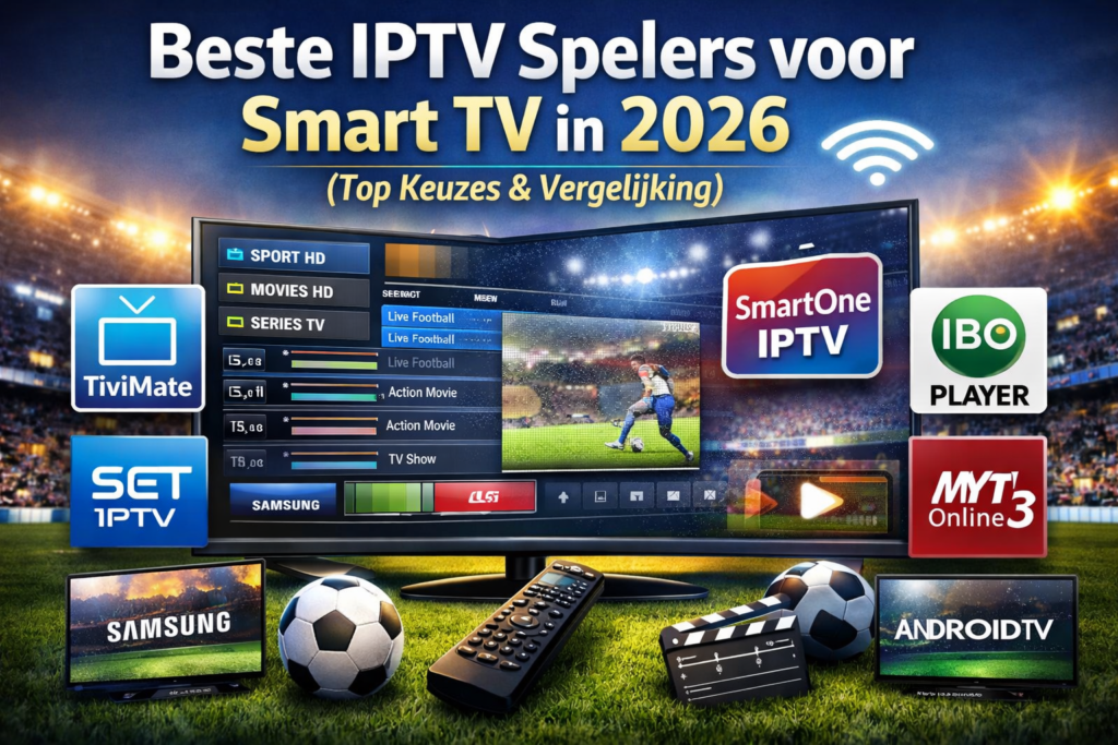 Beste IPTV spelers voor Smart TV in 2026 met een Smart TV-interface en app-iconen zoals TiviMate, SET IPTV, SmartOne IPTV, IBO Player en MYTVOnline3.